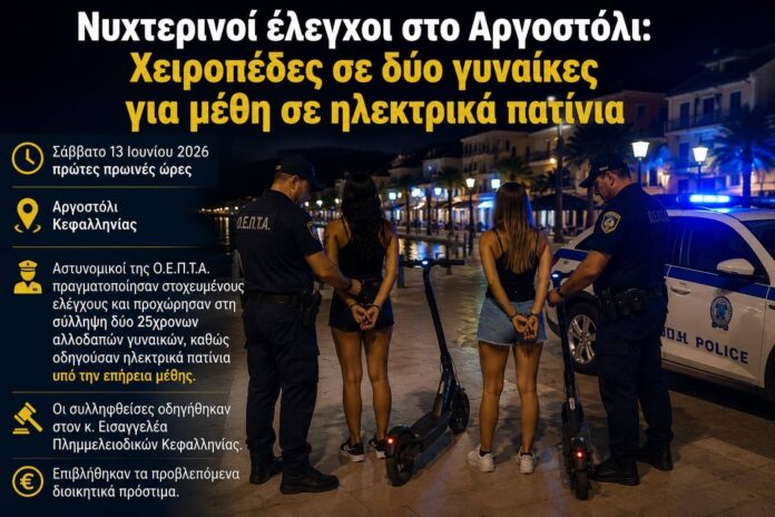 Νυχτερινοί έλεγχοι στο Αργοστόλι: Χειροπέδες σε δύο γυναίκες για μέθη σε ηλεκτρικά πατίνια Νυχτερινοί έλεγχοι στο Αργοστόλι: Χειροπέδες σε δύο γυναίκες για μέθη σε ηλεκτρικά πατίνια